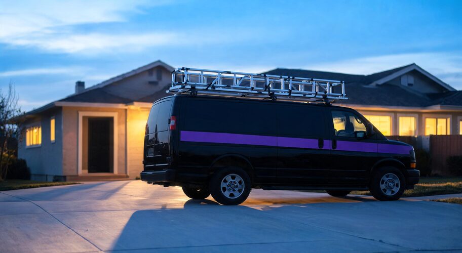 A work van sits parked in a suburban driveway at dusk with a ladder strapped to the roof rack, warm lights on inside the house, representing the end of a day AI for electricians could help run more smoothly.
