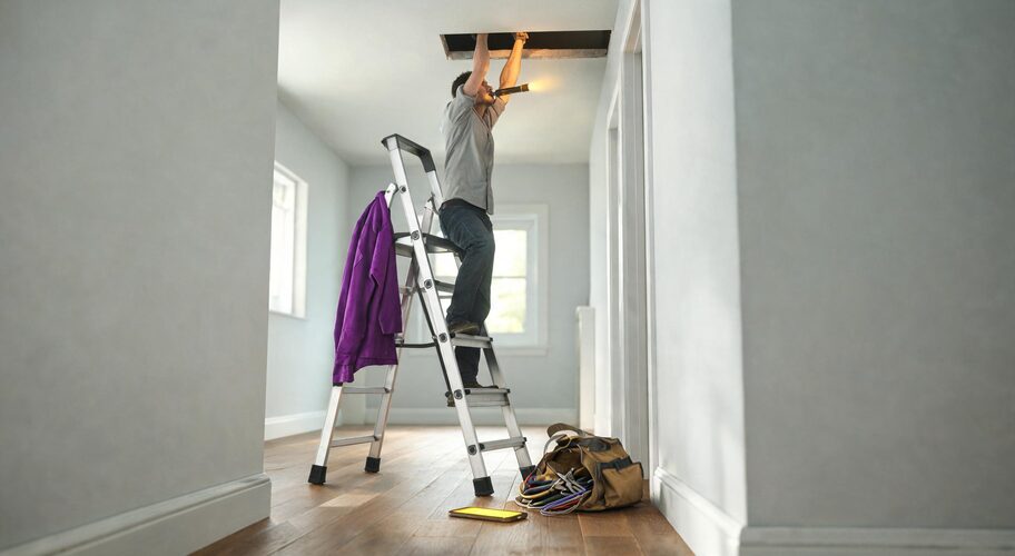 A person stands on a ladder inspecting wiring in a ceiling panel, with a jacket on the ladder and a tool bag and tablet on the floor, illustrating a task AI for electricians could help schedule and follow up on.