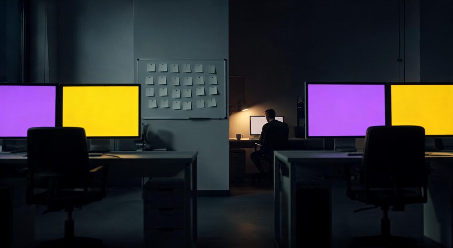 A person sits at a desk in a dimly lit office, facing a computer, while empty desks and monitors with bright yellow and purple screens fill the foreground, reflecting the demands handled by ai for marketing and web agencies.