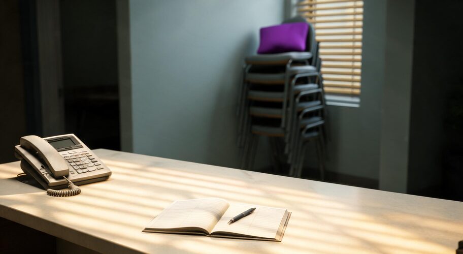 An empty reception desk at a suburban clinic after closing time has a phone handset resting in its cradle and an appointment book open beside it, reflecting questions around AI voice call disclosure rules.