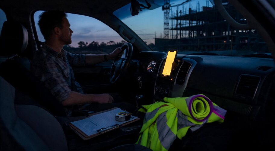 A person sits in a parked ute at dusk, taking a call on speaker with the phone propped on the dashboard, while a clipboard and tape measure rest on the passenger seat, illustrating the importance of AI voice call disclosure rules.