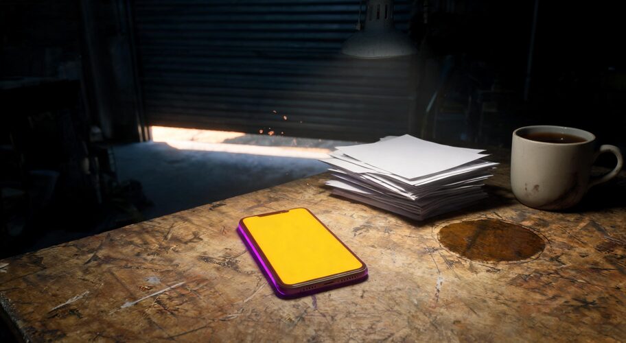 A purple smartphone with a yellow screen, a stack of white papers, and a mug of coffee sit on a worn wooden table in a dimly lit room with a partially open garage door, prompting consideration of AI voice call disclosure rules.