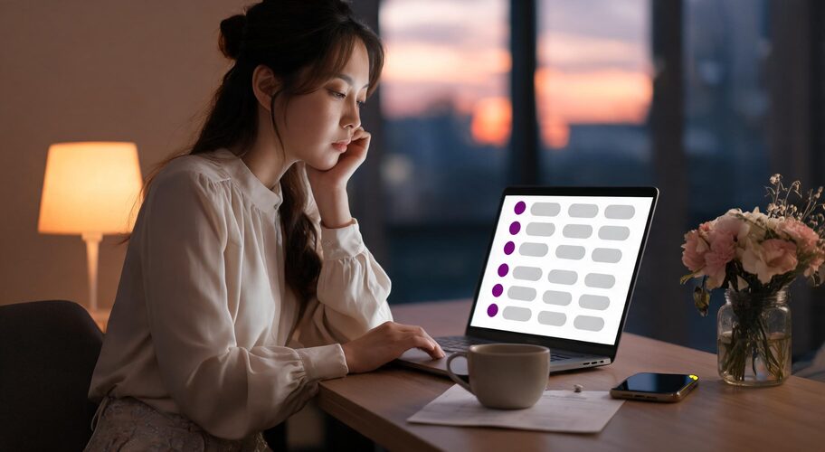 A wedding planner using AI for wedding and event planners while sitting alone in a quiet office in the evening, with an open laptop showing a long email list, a printed venue timeline weighted down by a coffee cup, and a phone lighting up unanswered on the desk beside a wilting sample bouquet.