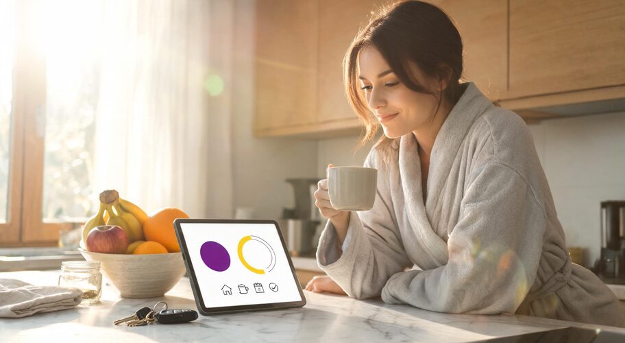 A tablet propped on a kitchen bench early in the morning showing a short message summary from AI for wedding and event planners, a cup of coffee beside it, house keys and a car fob nearby, morning light through the window.