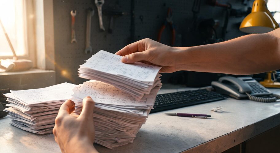 A pair of hands at a workshop counter moving a stack of paper dockets from one pile to another beside a keyboard and a desk phone, late afternoon light through a window, an everyday workflow that API integration explained for business owners can help streamline.