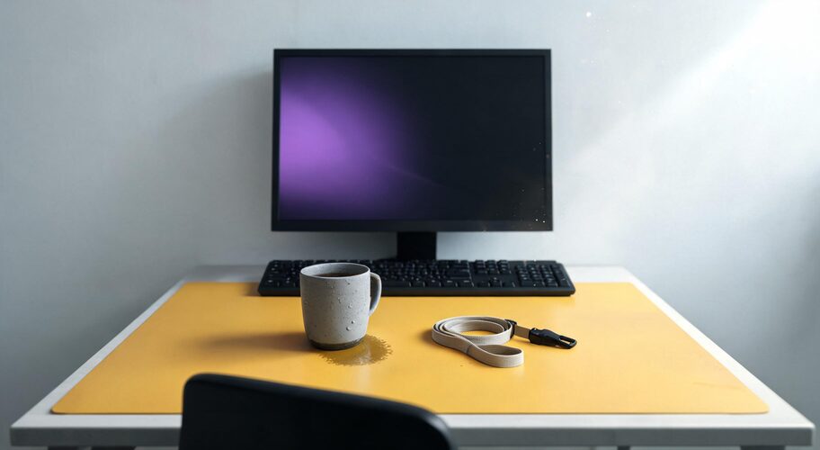 A former employee's empty desk in a small office, with a dark monitor, a keyboard pushed back against the wall, an unclaimed lanyard, and a mug left sitting on the desk mat, illustrating automation debt.