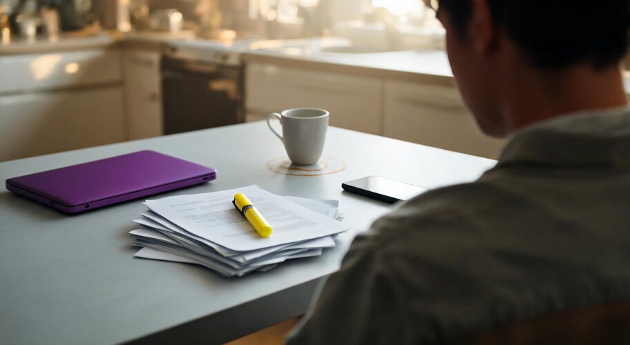 A business owner sits at a kitchen table early on a Sunday morning, with a closed laptop pushed to one side, a stack of loose papers under a highlighter, a cold cup of coffee, and a phone lying face down, reflecting the cost of automation debt.