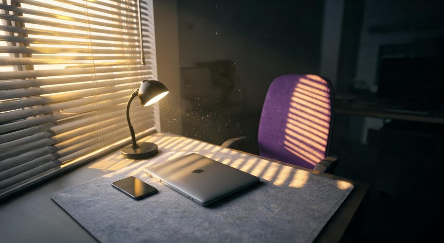 An office desk at 6am with one lamp on, a phone face down beside a closed laptop, an empty chair pushed back, and morning light coming through the blinds, ahead of a day of Google Sheets automation AI work.