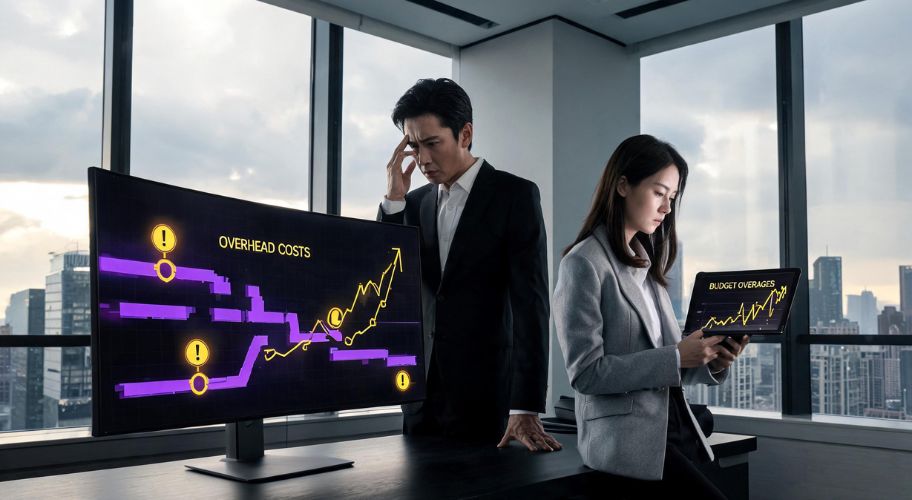 Two professionals in an office review graphs showing rising costs and budget changes on a monitor and tablet, discussing strategies for AI automation pricing for multiple locations, with city buildings visible through large windows.