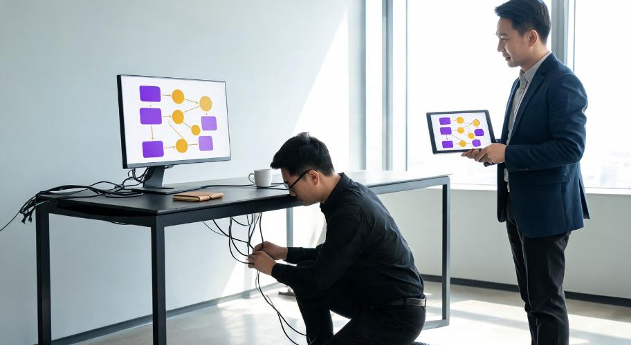 Two colleagues setting up multilingual AI customer support systems, one kneeling to connect cables under a desk with dual monitors while the other holds a tablet showing a matching workflow diagram.