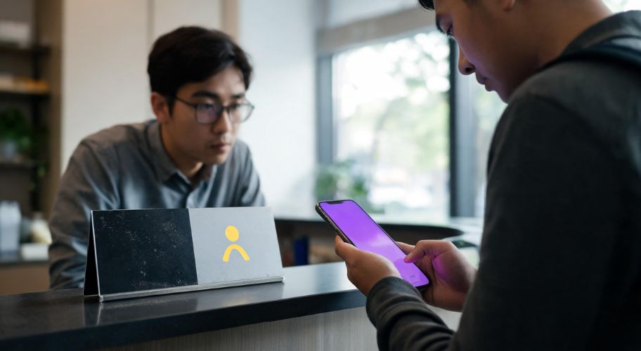 Two people interact at a reception desk; one stands behind the counter while the other uses a smartphone, possibly checking AI browsers business traffic. A sign with a yellow user icon is on the counter.