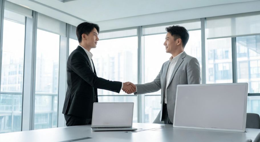 Two men in business attire shake hands in a modern office, standing next to a table with laptops and paperwork, finalizing their agreement after addressing B2B client AI data security questions.