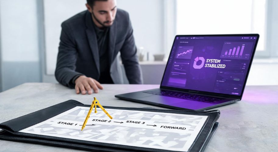 A man stands by a table with a laptop displaying analytics and a diagram showing stages of a process labeled Stage 1, Stage 2, Stage 3, and Forward, illustrating how Google Sheets automation AI can streamline workflow progression.