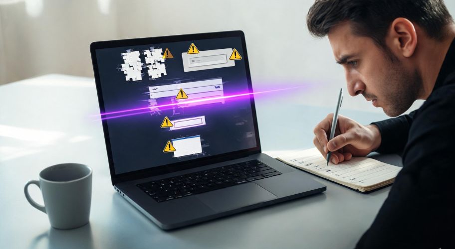 A man writes in a notebook while looking at a laptop displaying error messages and warning icons, troubleshooting issues affecting AI browsers business traffic. A coffee cup is on the desk.