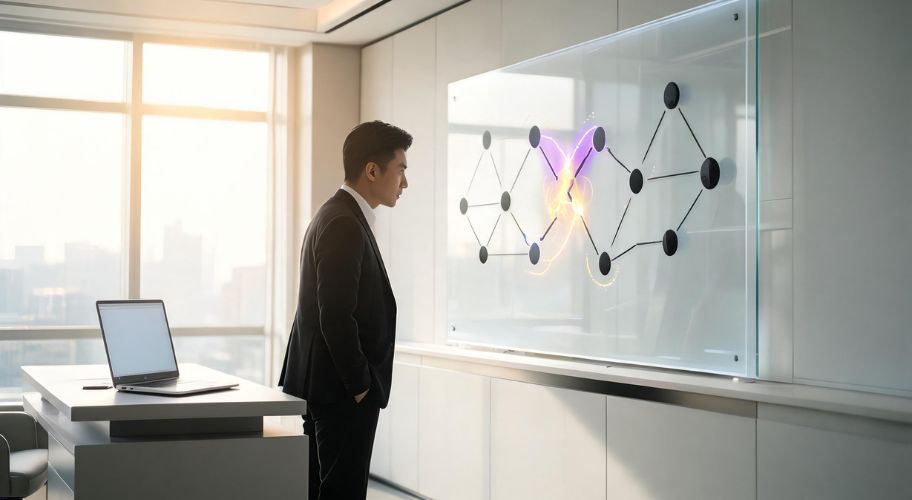 A founder in a suit stands in an office, battling Sunday night dread, as he reviews a neural network diagram on a transparent screen, with a laptop beside him.