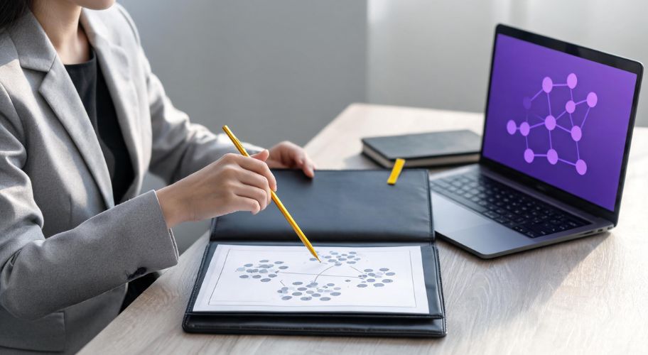 Person in business attire points at a diagram with interconnected nodes on paper, illustrating how API integration explained for business owners streamlines operations, with a similar network diagram displayed on a laptop screen on a desk.