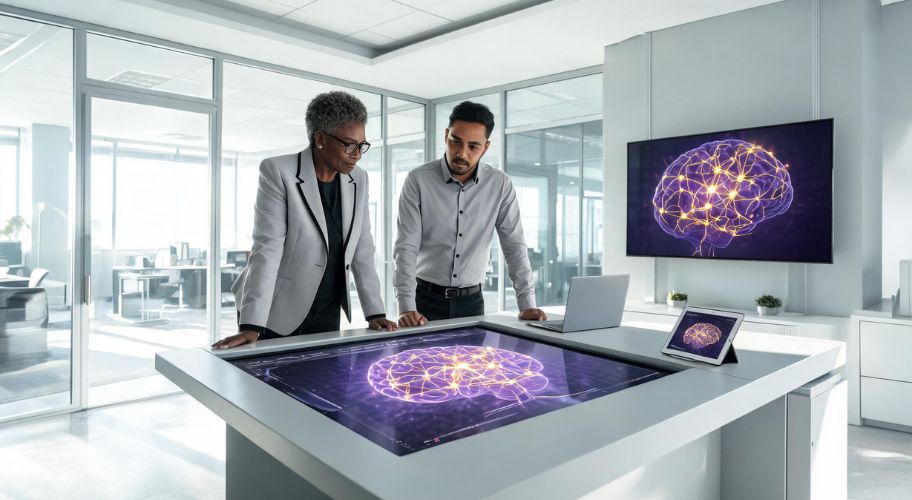 Two people stand at a digital table displaying a glowing brain diagram, tackling founder Sunday night dread in a modern office with similar images on the monitor and tablet.