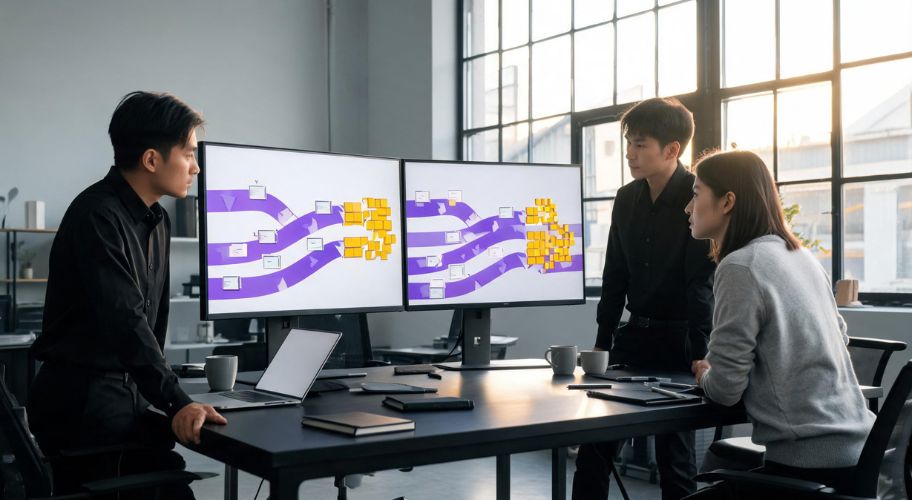 Three people in an office discuss data flow diagrams displayed on two large monitors as they brainstorm innovative features for AI for wedding and event planners; laptops, cups, and notebooks are on the table.