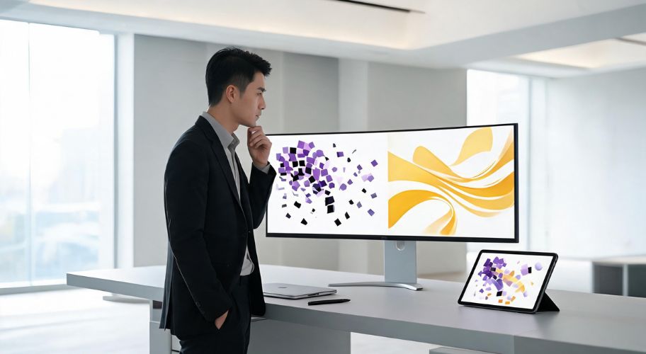 A founder in a suit reviews abstract art on a large curved monitor and matching tablet in a bright, modern office while conducting a founder calendar audit time review.
