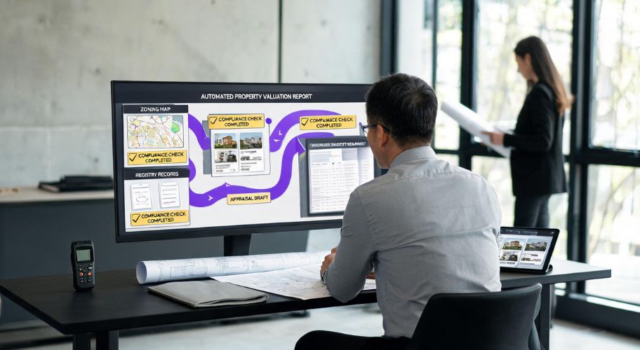 A property valuer at a desk reviewing an automated property valuation report on a large monitor, showing zoning maps, registry records, and completed compliance checks, an example of AI for property valuers streamlining reports.
