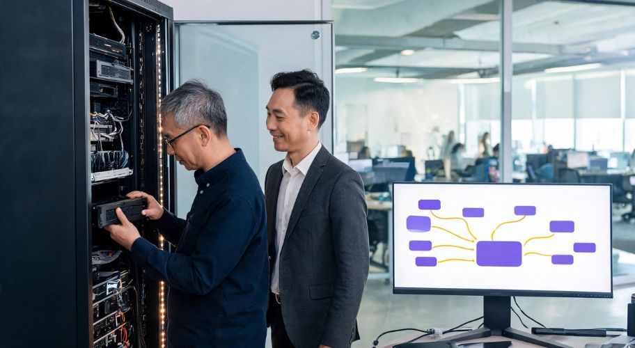 Two men work on a server rack in an office; one adjusts the equipment while the other observes. A computer monitor displays a network diagram for an AI memory business assistant.