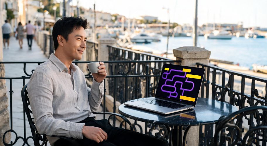A man relaxing at a waterfront café with a coffee, glancing up from his laptop displaying a workflow diagram, representing the time freed up by AI for property valuers.