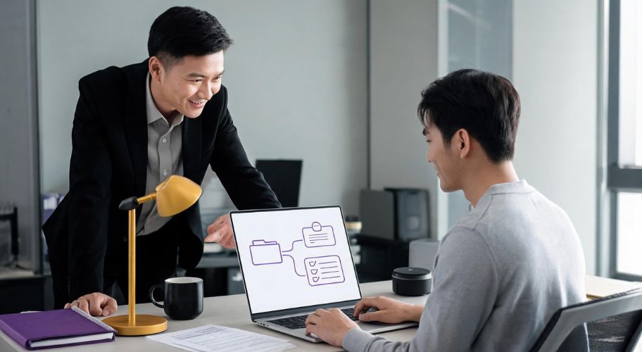 Two men discuss work at an office desk; one sits with a laptop displaying folder icons, while the other stands and smiles as they review an AI memory business assistant.