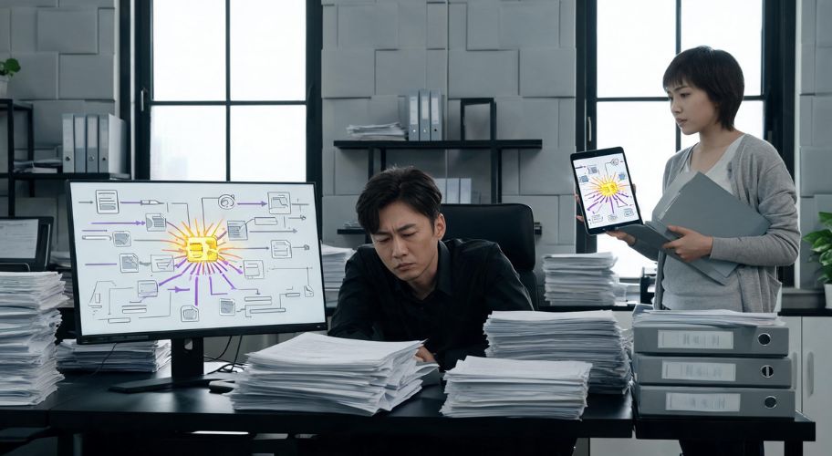 A man overwhelmed by stacks of paperwork at his desk, staring at a monitor showing a manual document workflow diagram, while a woman nearby holds a tablet displaying the same process, illustrating the need for AI for property valuers to reduce administrative overload.