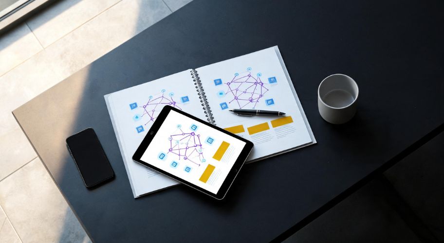 A notebook and tablet on a desk showing matching network diagrams that compare an AI automation quote vs proposal, with a phone and coffee cup nearby.