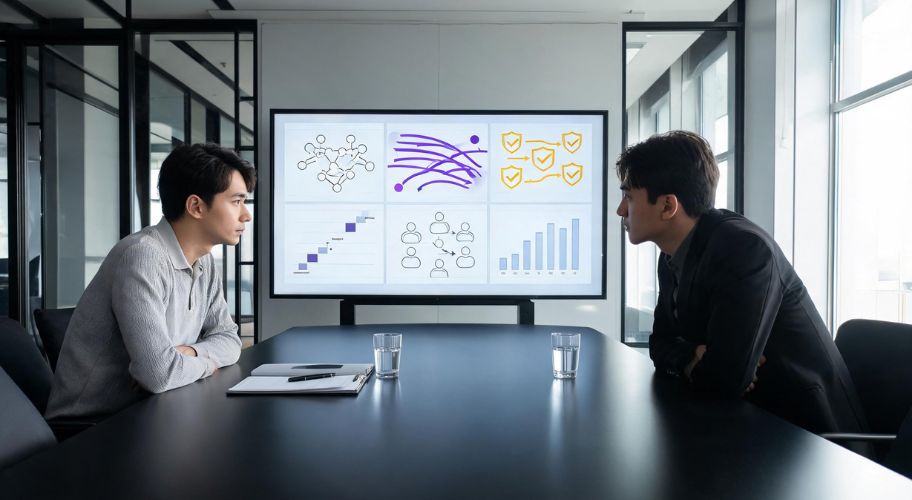 Two men reviewing an AI automation quote vs proposal on a large conference room screen displaying network diagrams, timelines, and performance charts.
