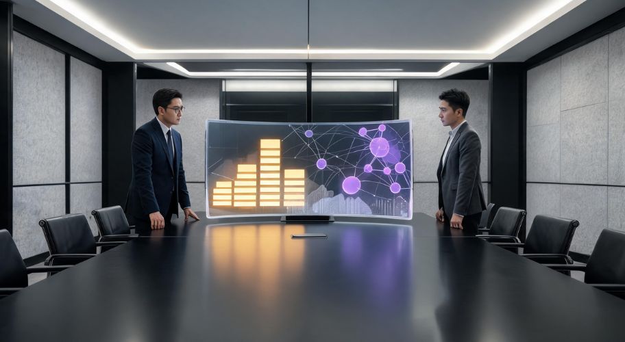 Two men in suits stand on opposite sides of a conference table, looking at a curved digital screen displaying bar graphs and network diagrams related to AI automation pricing for multiple locations in a modern meeting room.
