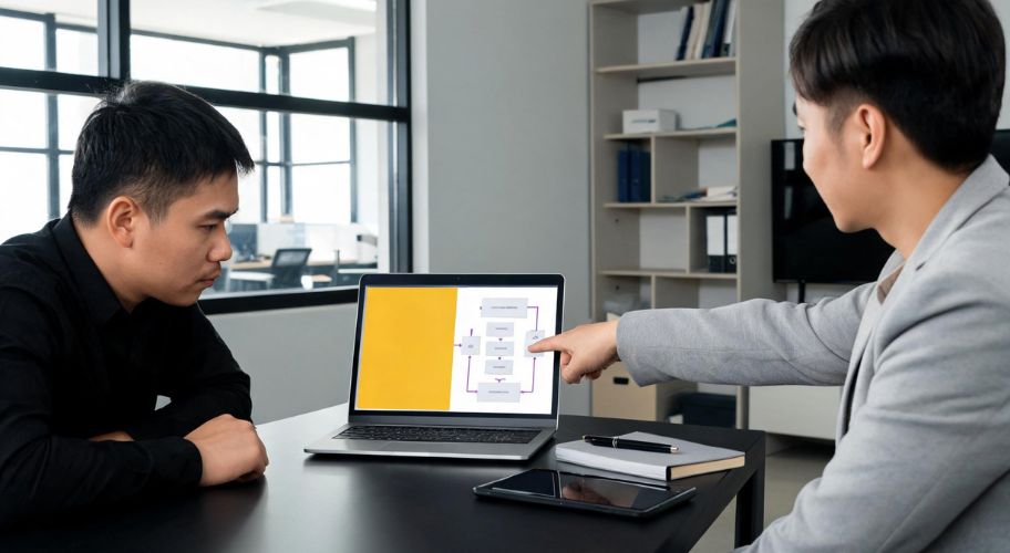 Two colleagues discussing an AI automation quote vs proposal on a laptop screen showing a flowchart, one pointing at the diagram while the other listens with arms crossed.
