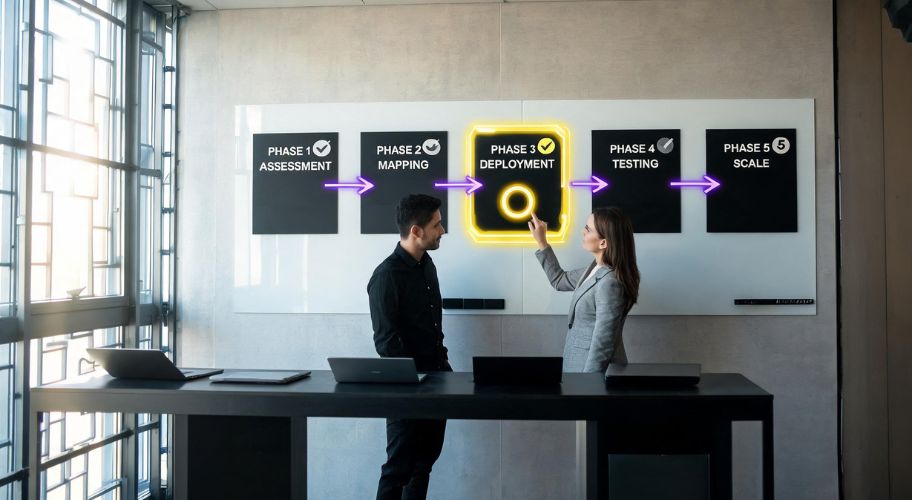 Two people stand in front of a whiteboard showing five project phases; the woman points to “Phase 3: Deployment,” which is highlighted with a yellow outline, as they discuss how AI automation pricing for multiple locations.
