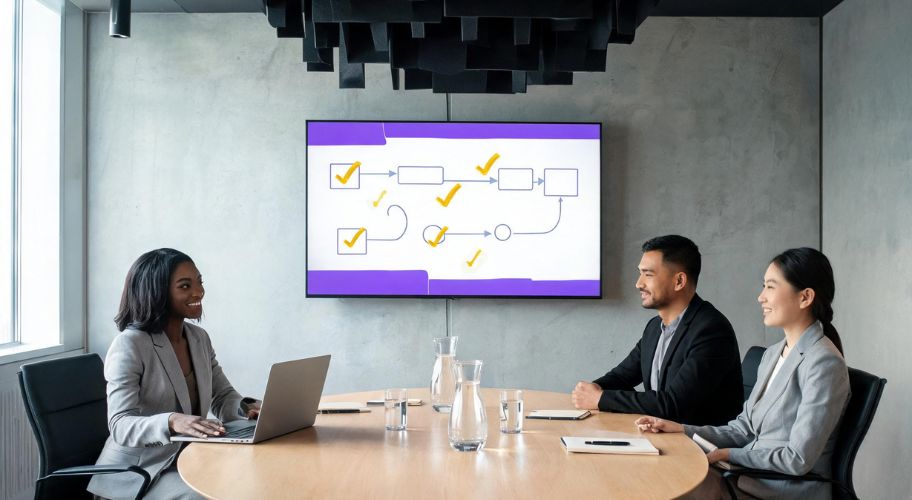 Three colleagues discussing multilingual AI customer support workflows in a meeting room, with a flowchart displaying checkmarks on a wall-mounted screen and water glasses on the table.