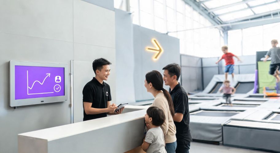A staff member speaks with a family at the front desk of an indoor trampoline park, where children bounce energetically in the background, highlighting how AI trampoline parks can support a smoother play experience.