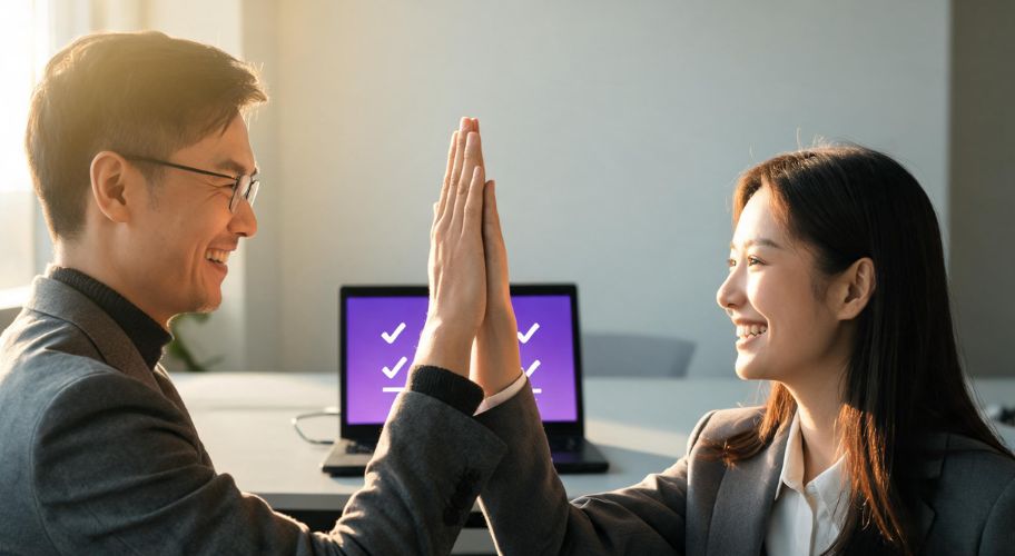 Two people in business attire high-five in an office, smiling, with a laptop displaying check marks in the background, celebrating the successful launch of innovative AI trampoline parks.