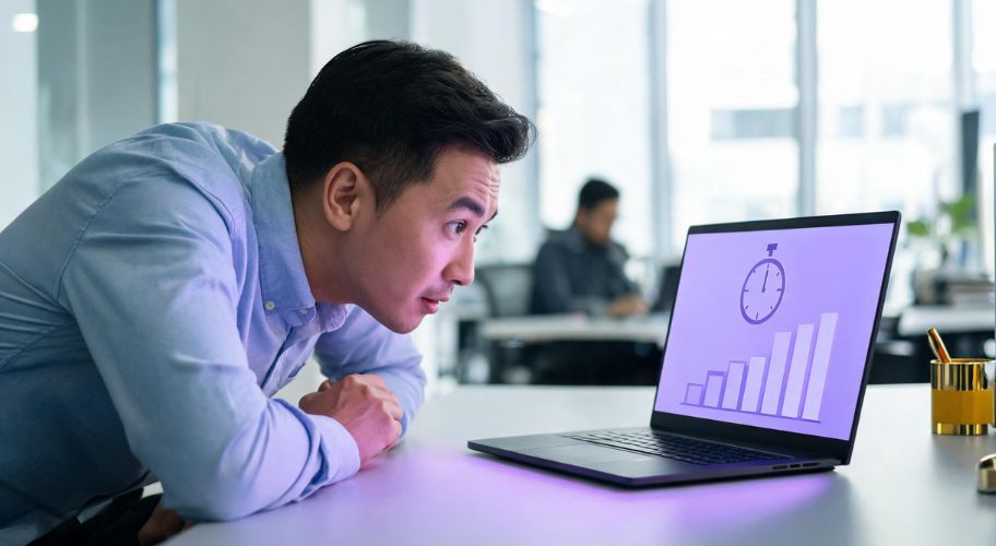 A man leans toward a laptop displaying a rising bar chart and stopwatch icon, suggesting time management or productivity tracking, perhaps enhanced by AI automation partner response time improvements in an office setting.