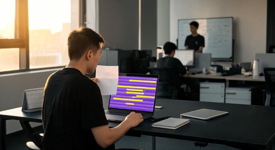 A man reviewing a printed note beside a laptop showing a highlighted schedule, with colleagues collaborating at a whiteboard in the background, representing a team adapting to four-day workweek AI.
