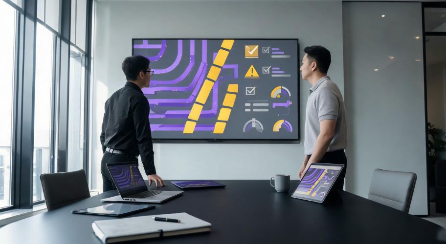 Two colleagues reviewing a large screen showing an automated workflow with checklist items and alerts, alongside laptops and a tablet, illustrating how four-day workweek AI systems streamline operations.