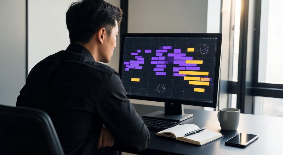 A man reviewing a color-coded task allocation chart on a monitor at his desk, demonstrating how four-day workweek AI helps visualize and manage workloads.