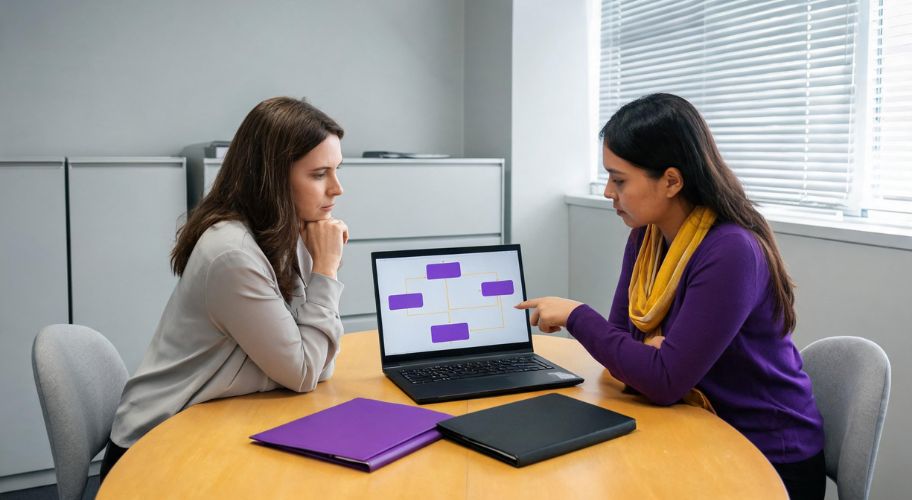 Two professionals at a round meeting table evaluating an on-premises vs cloud AI architecture flowchart displayed on a laptop screen.