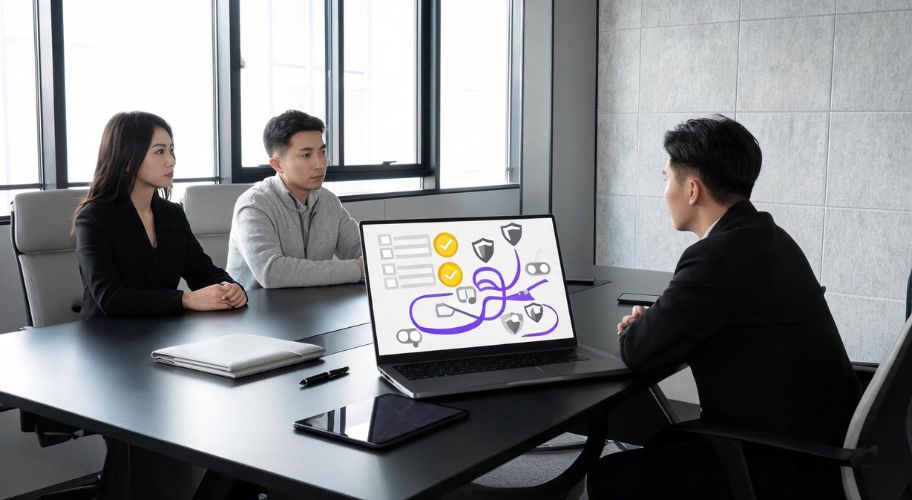 Business team in a modern conference room reviewing data security, compliance shields, and workflow diagrams during an on-premises vs cloud AI evaluation.
