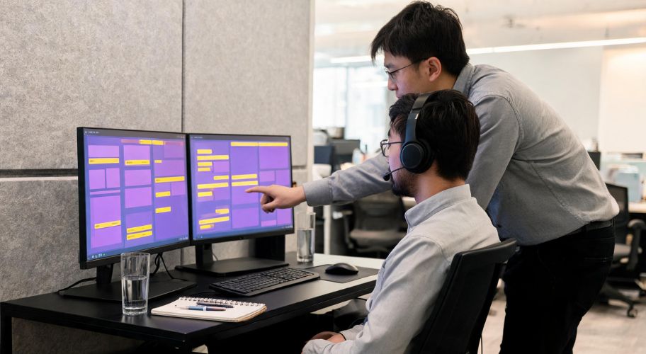 Two colleagues wearing a headset reviewing multilingual AI customer support ticket queues on dual monitors, one pointing at the screen, with a notebook and water glasses on the desk.