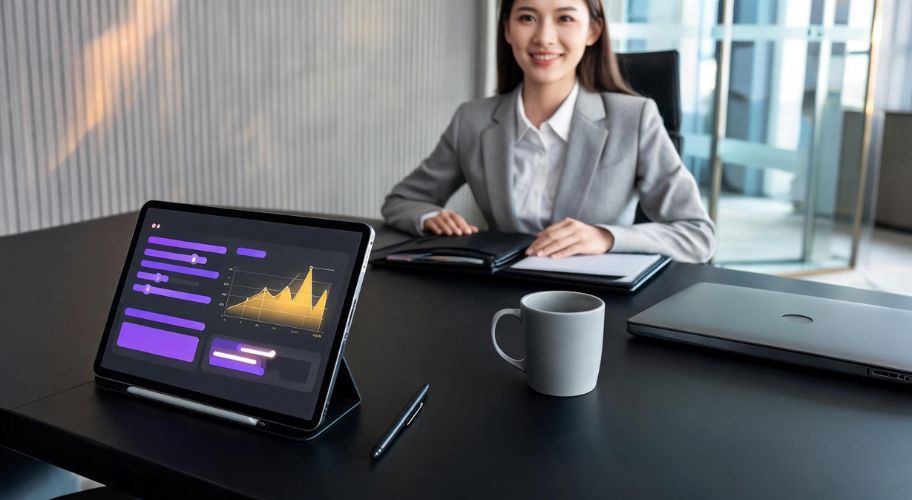 A woman in a suit sits at a desk with a tablet showing graphs related to AI automation pricing for multiple locations, a closed laptop, a notebook, a pen, and a coffee mug.