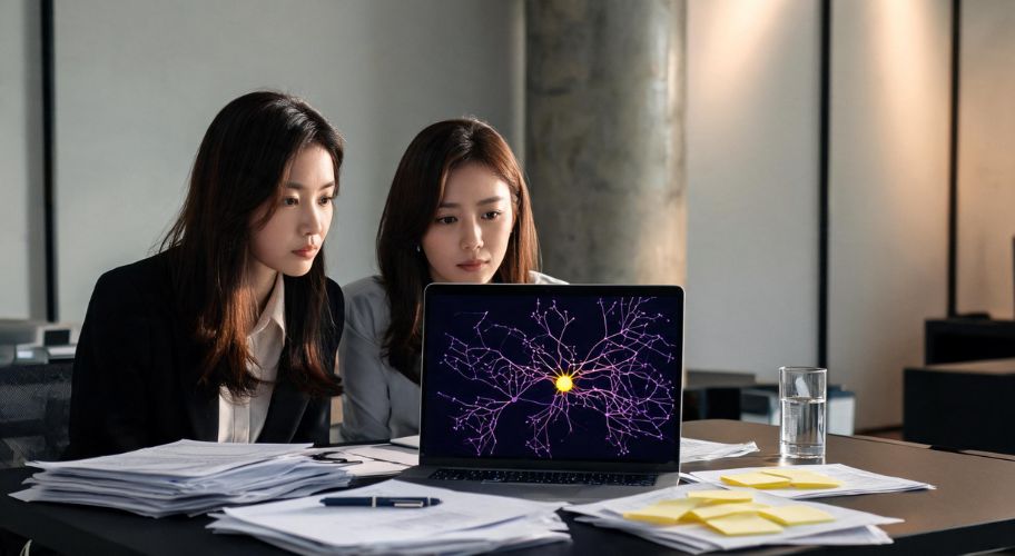 Two colleagues reviewing a neural-network graphic on a laptop while managing donor records with AI donor retention for NZ charities, surrounded by paperwork and sticky notes.