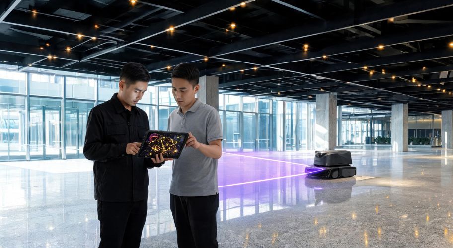 Two men stand in a modern building, looking at a tablet. In the background, an autonomous robot, powered by advanced AI for commercial cleaning contractors, emits a purple laser as it moves across the shiny floor.
