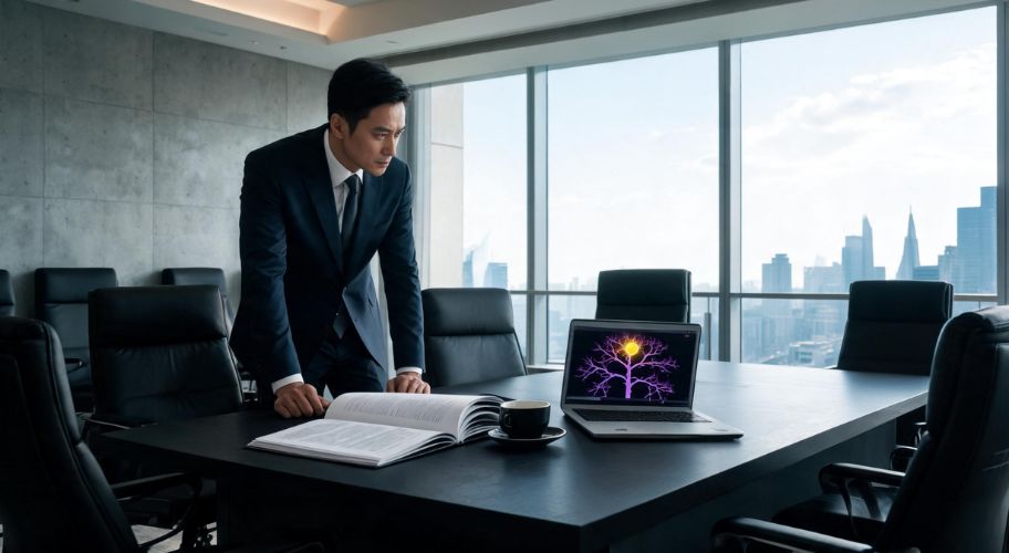 A man in a suit reviewing buying a business AI systems strategies at a conference table, with an open book, a cup of coffee, and a laptop displaying a neural network diagram in a modern office with city views.