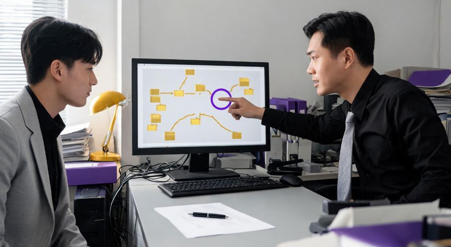 Two men discussing AI automation vendor escrow while reviewing a flowchart on a computer monitor, with office papers and vendor escrow folders spread across the desk.