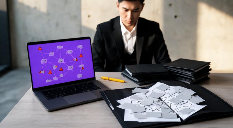 A man in a suit sits at a desk with folders, papers, and a laptop displaying a network diagram with warning icons, highlighting the challenges of managing automation debt within complex systems.