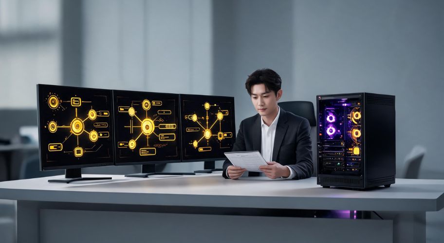 A man in a suit reviews documents at a desk with three monitors displaying network diagrams and a desktop computer with illuminated internal components, evaluating AI automation MVP vs finished system and how the components integrate.